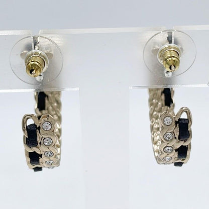 Chanel Earrings CC Logo Gold Black Metal Leather Rhinestone Chain