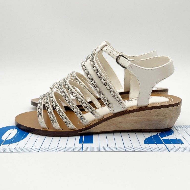 Chanel Sandals CC Logo White Leather Wood Strap Chain Silver