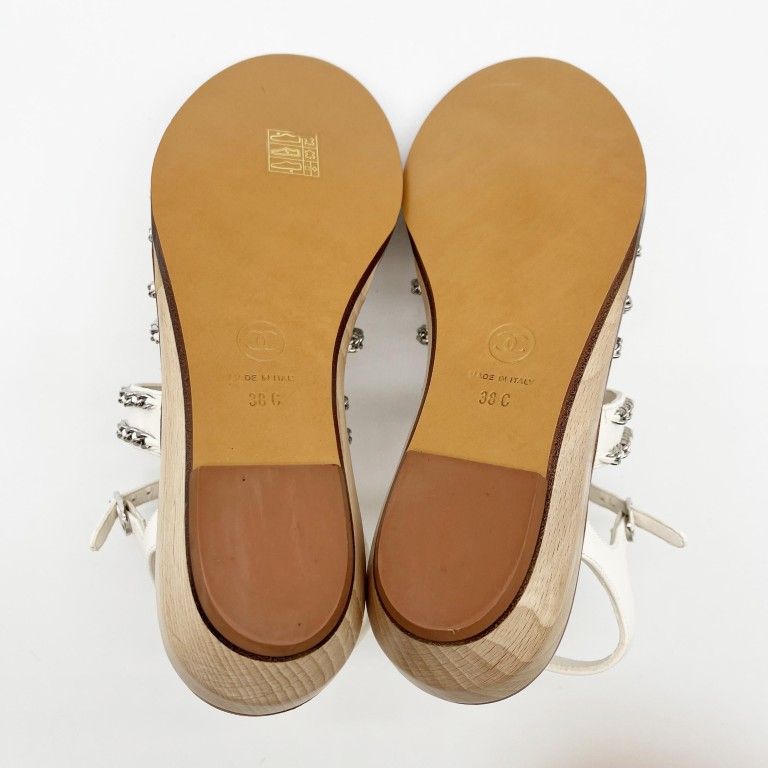 Chanel Sandals CC Logo White Leather Wood Strap Chain Silver