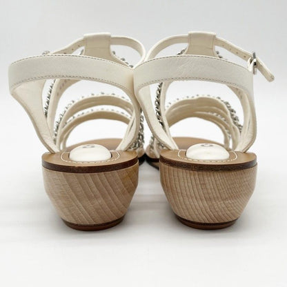 Chanel Sandals CC Logo White Leather Wood Strap Chain Silver