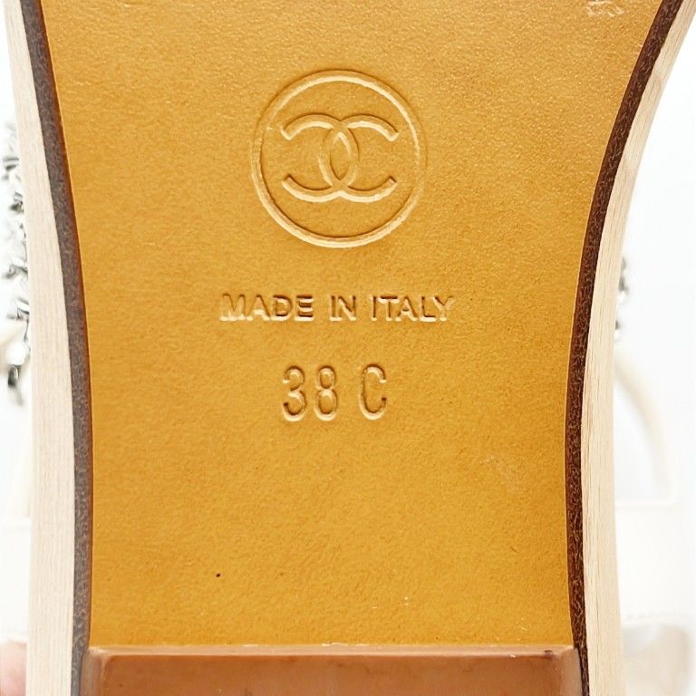 Chanel Sandals CC Logo White Leather Wood Strap Chain Silver