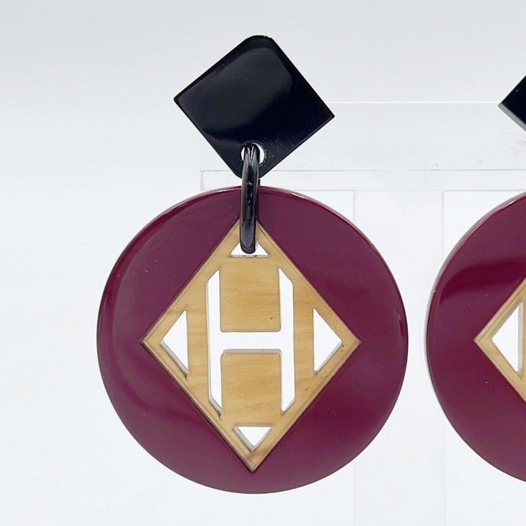 Hermes Earrings Motif Purple Brown Buffalo Horn Lacquer Wood