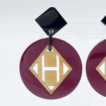 Hermes Earrings Motif Purple Brown Buffalo Horn Lacquer Wood