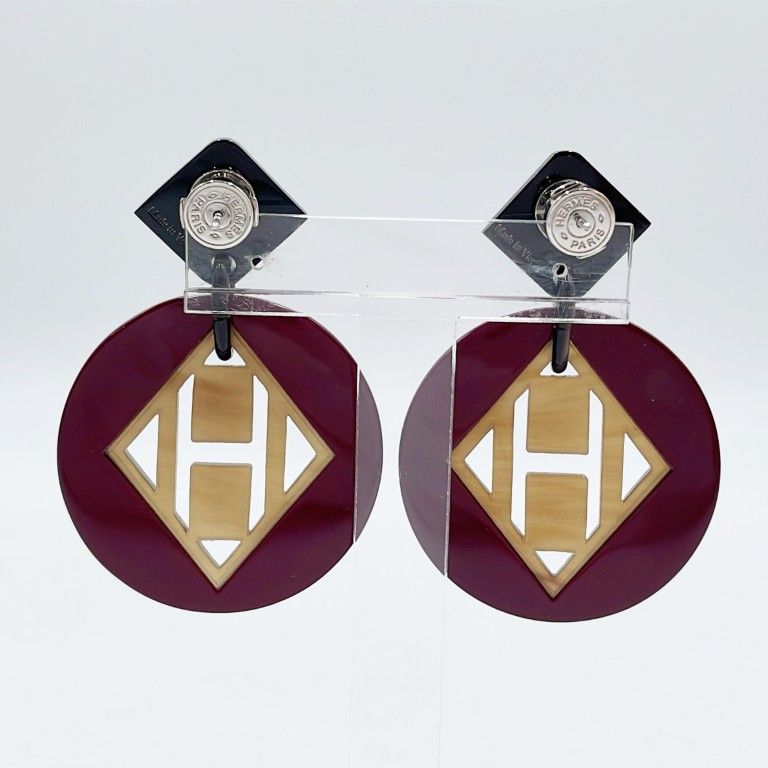 Hermes Earrings Motif Purple Brown Buffalo Horn Lacquer Wood
