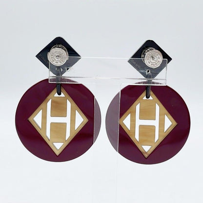 Hermes Earrings Motif Purple Brown Buffalo Horn Lacquer Wood