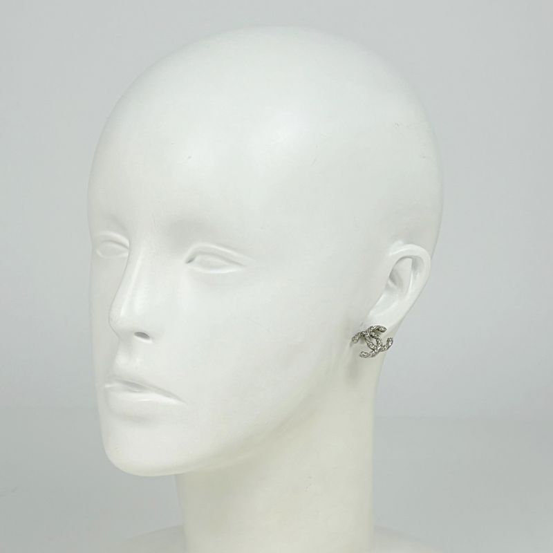 Chanel CC Logo Rhinestone Earrings Silver Plated