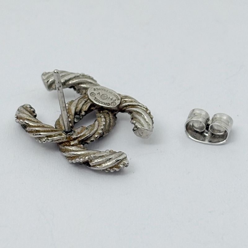 Chanel CC Logo Rhinestone Earrings Silver Plated