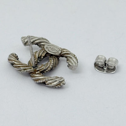 Chanel CC Logo Rhinestone Earrings Silver Plated
