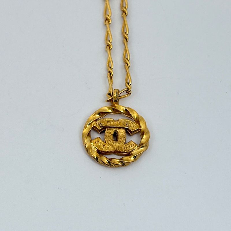 Chanel CC Logo Rhinestone Necklace Round Gold Plated