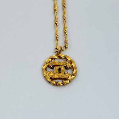 Chanel CC Logo Rhinestone Necklace Round Gold Plated