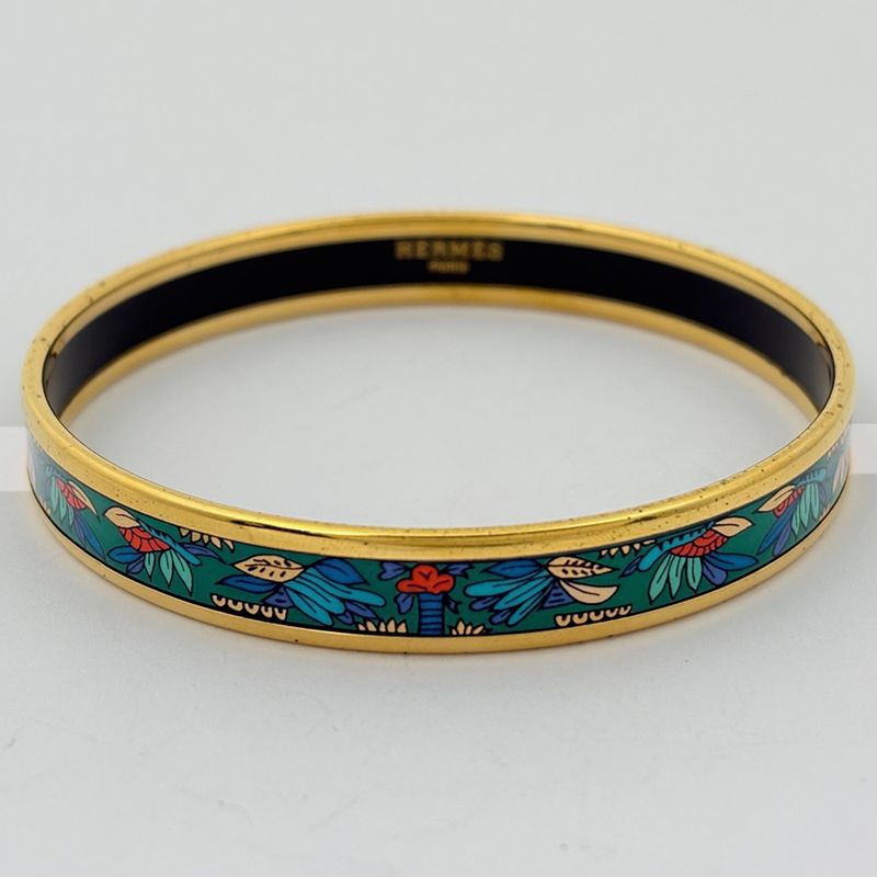 Hermes Enamel PM Bracelet Cloisonne Bangle Gold Plated Green