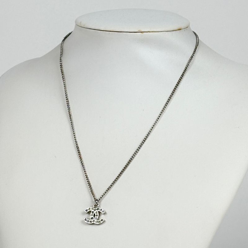 Chanel CC Logo Rhinestone Necklace Silver Plated