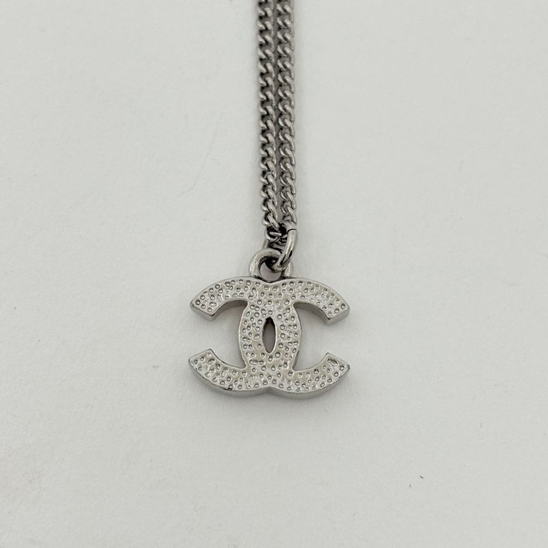 Chanel CC Logo Rhinestone Necklace Silver Plated