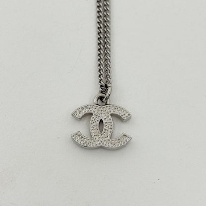 Chanel CC Logo Rhinestone Necklace Silver Plated