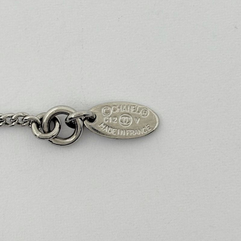 Chanel CC Logo Rhinestone Necklace Silver Plated