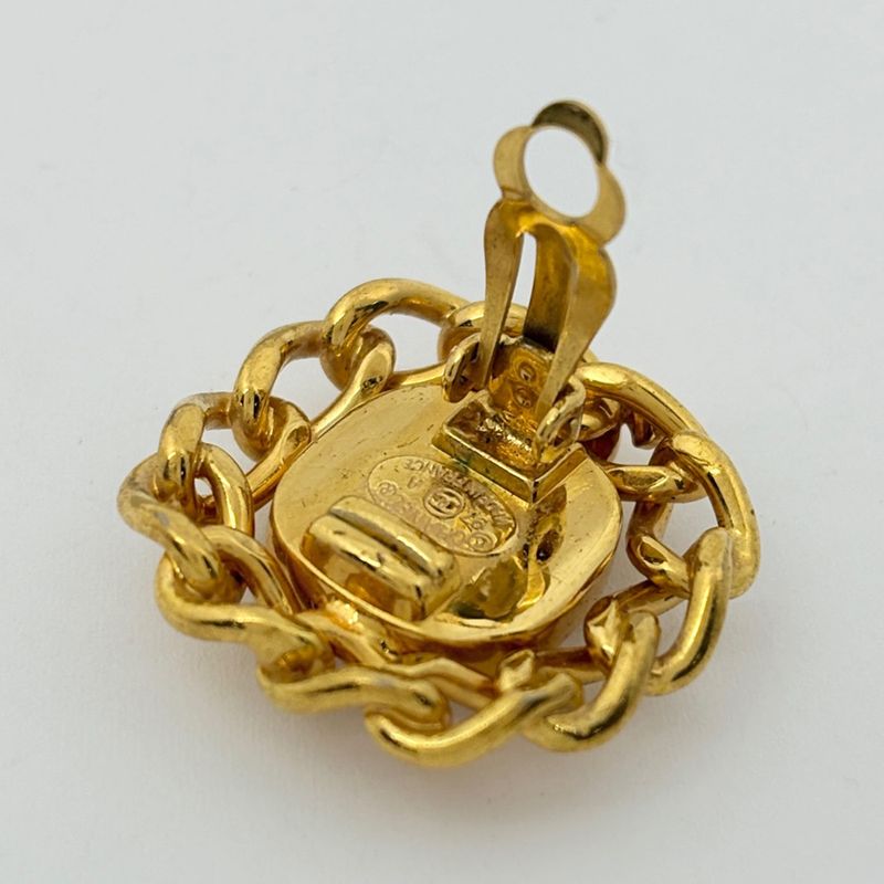 Chanel CC Logo Rhinestone Earrings Gold Plated