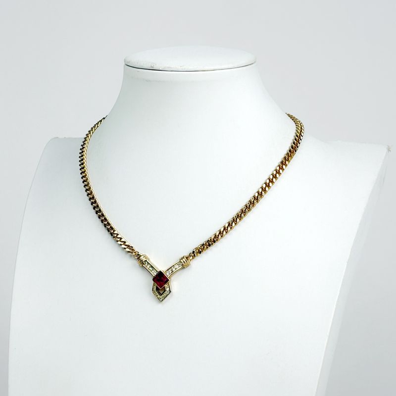 Dior Christian Rhinestone Necklace Gold Pink