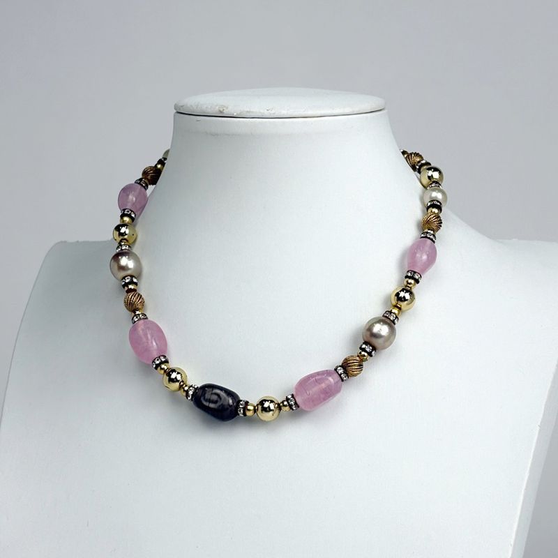 Dior Christian Color Stone Necklace Gold Plated Pink