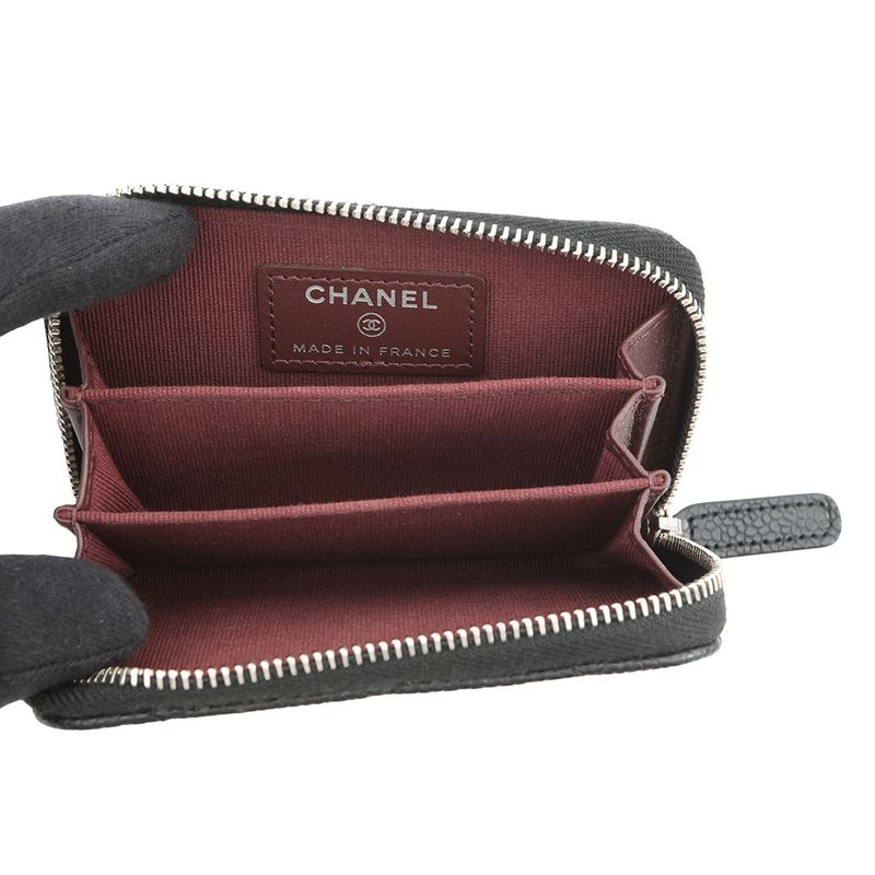 Chanel Coin Case Quilted CC Logo Caviar Leather Wallet Black