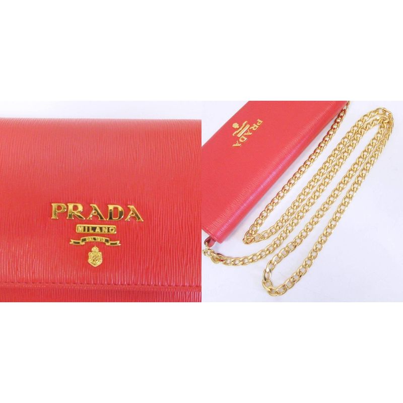 Prada Saffiano Chain Wallet Shoulder Pouch 2-Way Logo Leather Red
