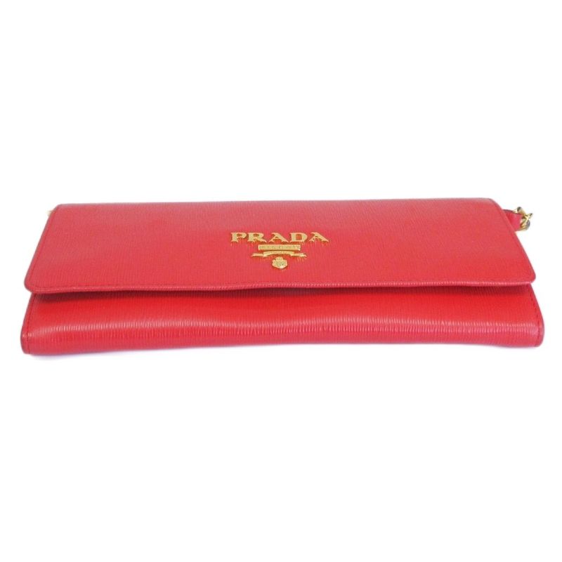 Prada Saffiano Chain Wallet Shoulder Pouch 2-Way Logo Leather Red