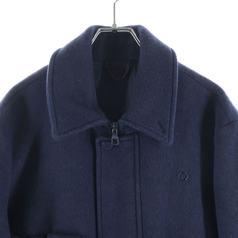 Louis Vuitton One Point Logo Plate Cashmere Wool Zip Up Coat Navy