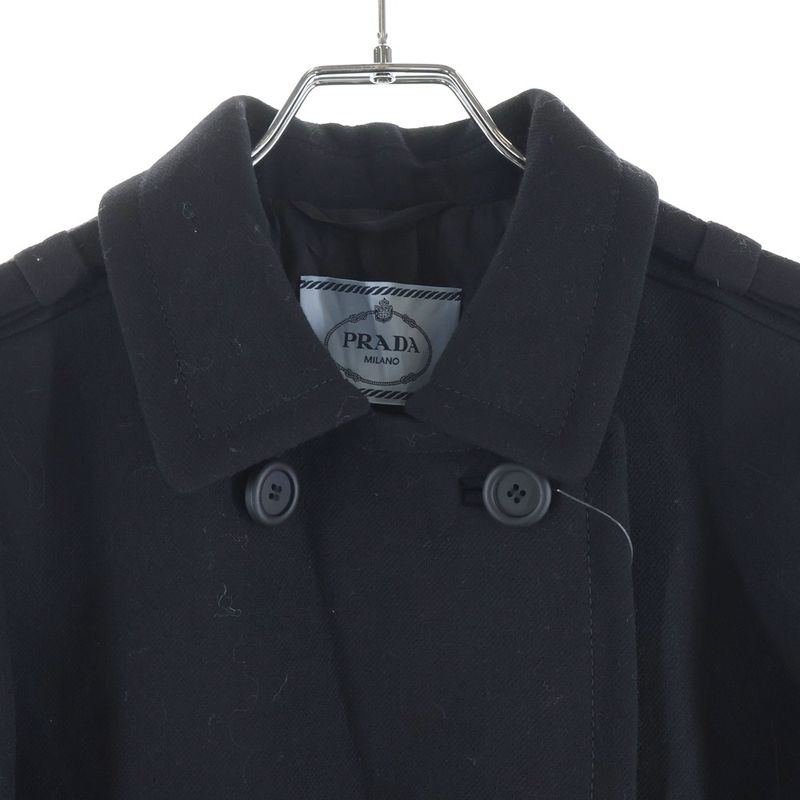 Prada Shoulder Ribbon Triangle Logo Double Breasted Wool Chester Star Coat