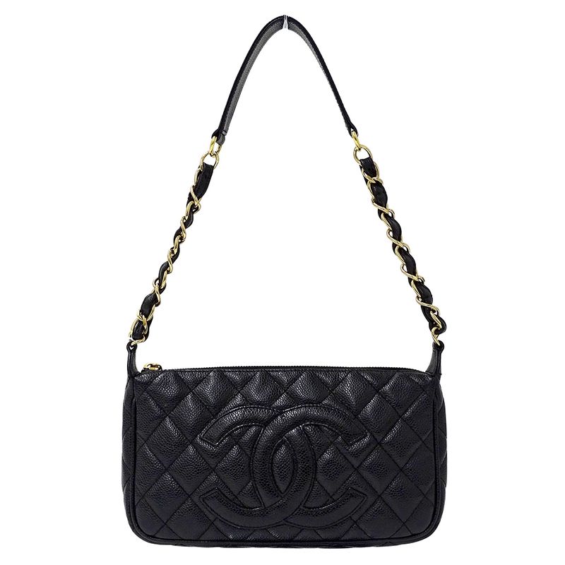 Chanel Quilted Shoulder Bag Caviar Leather Black Gold