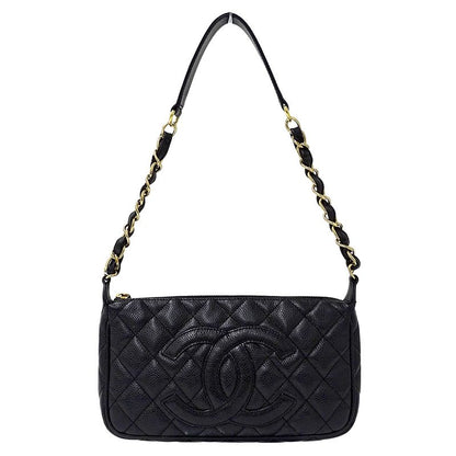 Chanel Quilted Shoulder Bag Caviar Leather Black Gold