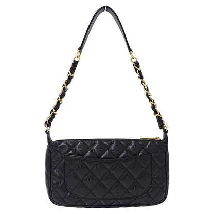 Chanel Quilted Shoulder Bag Caviar Leather Black Gold