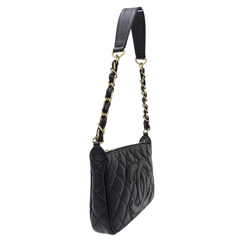 Chanel Quilted Shoulder Bag Caviar Leather Black Gold