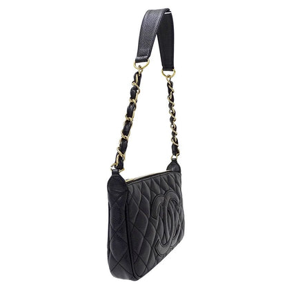 Chanel Quilted Shoulder Bag Caviar Leather Black Gold