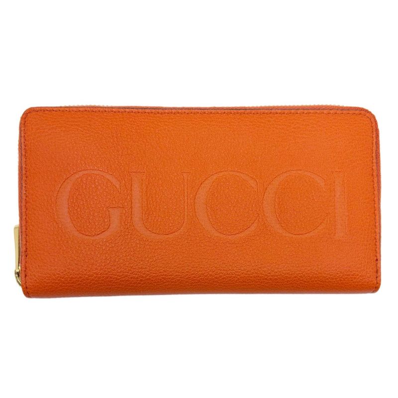 Gucci Wallet Zip Around Leather Logo Orange Gold