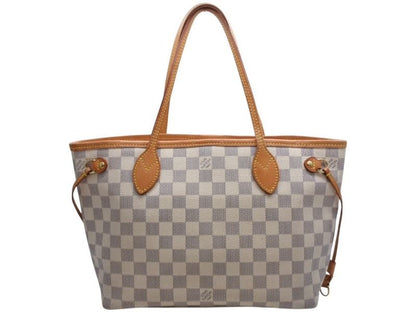 Louis Vuitton Damier Azur Neverfull PM Handbag White Leather Canvas Gold