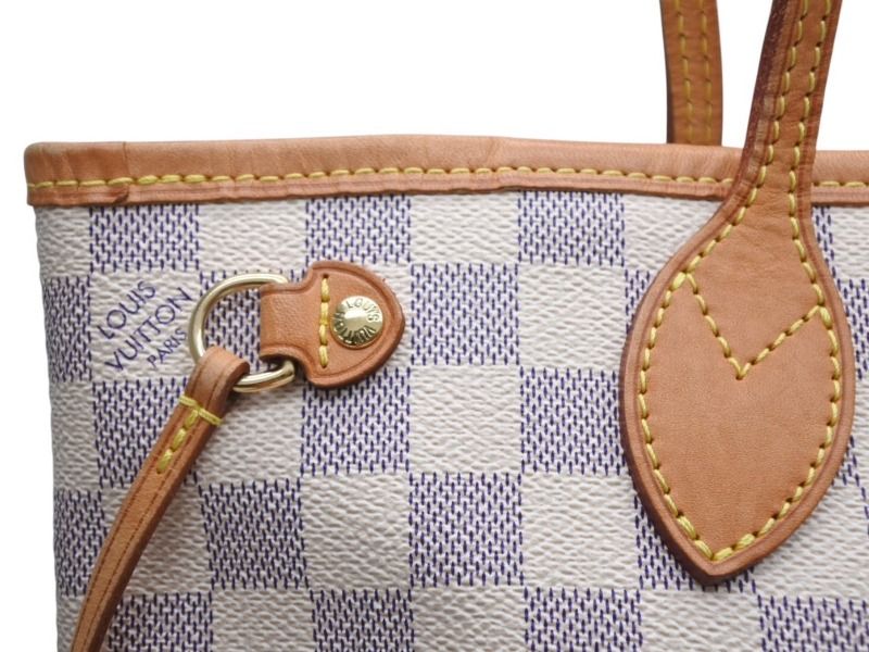 Louis Vuitton Damier Azur Neverfull PM Handbag White Leather Canvas Gold — view 4