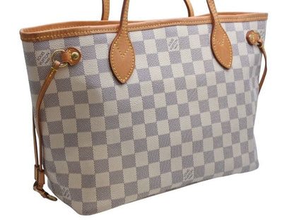 Louis Vuitton Damier Azur Neverfull PM Handbag White Leather Canvas Gold — view 3