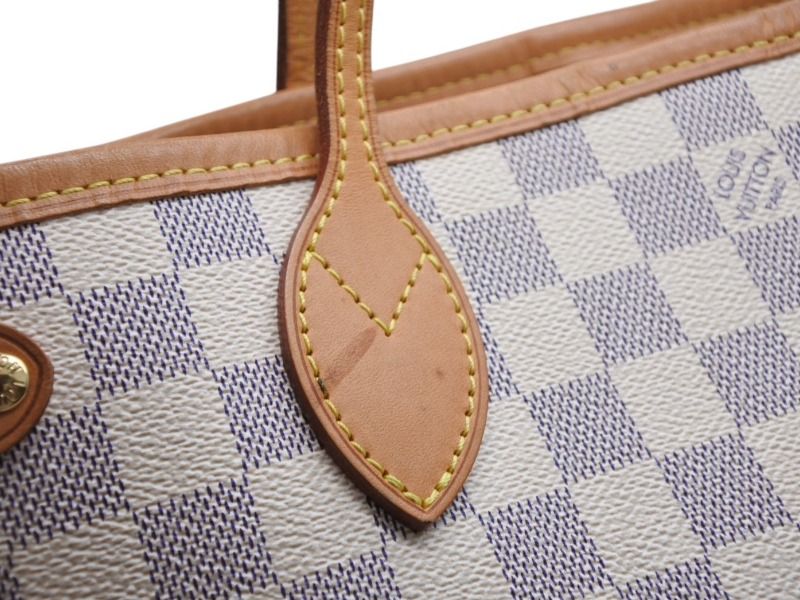 Louis Vuitton Damier Azur Neverfull PM Handbag White Leather Canvas Gold — view 6