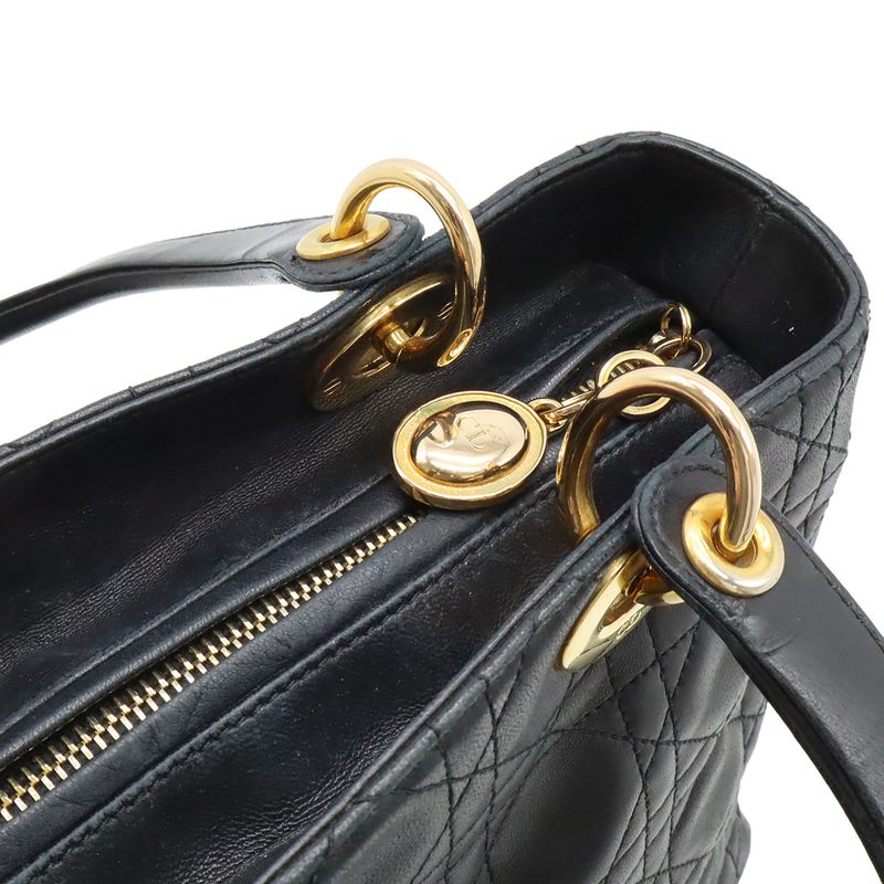 Dior Cannage 2-Way Shoulder Bag Leather Black Gold