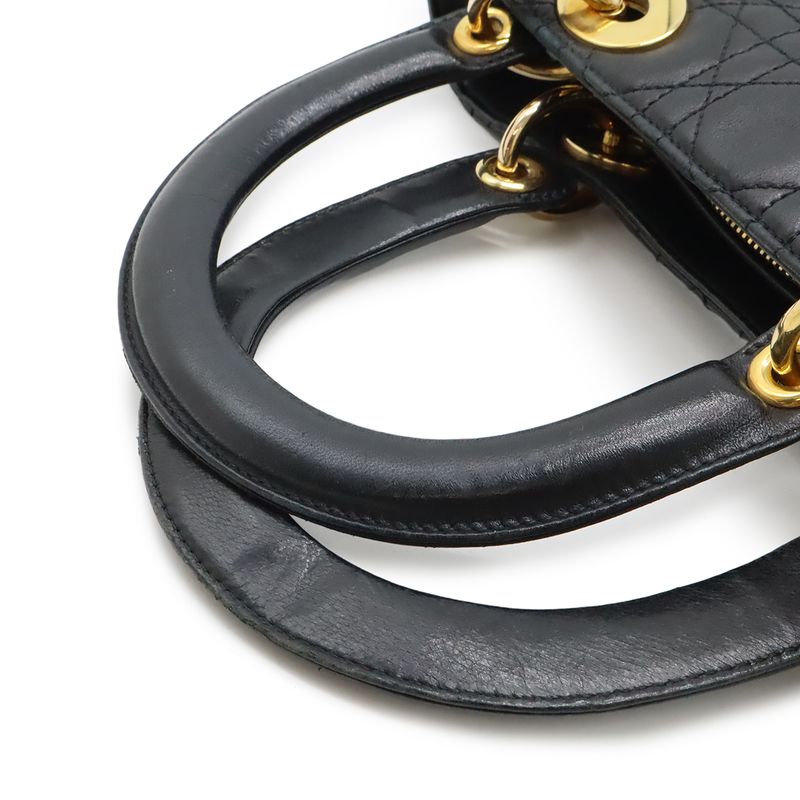Dior Cannage 2-Way Shoulder Bag Leather Black Gold