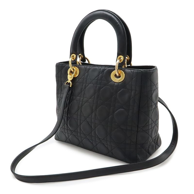 Dior Cannage 2-Way Shoulder Bag Leather Black Gold