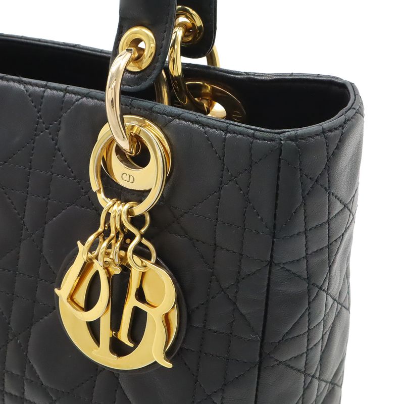 Dior Cannage 2-Way Shoulder Bag Leather Black Gold