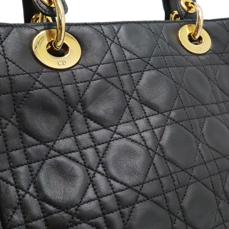 Dior Cannage 2-Way Shoulder Bag Leather Black Gold
