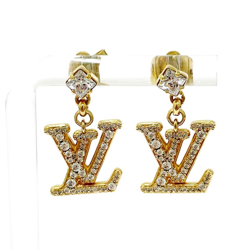 Louis Vuitton Rhinestone LV Logo Earrings Gold
