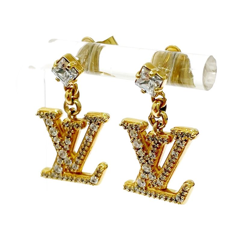Louis Vuitton Rhinestone LV Logo Earrings Gold