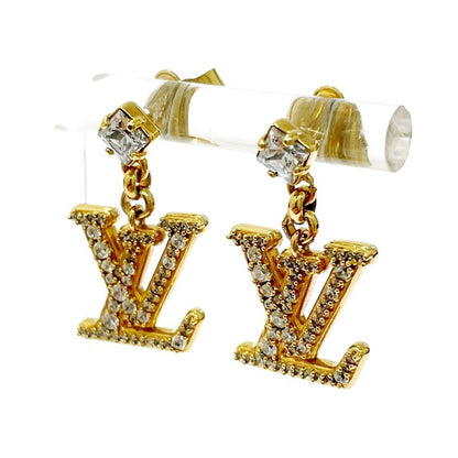 Louis Vuitton Rhinestone LV Logo Earrings Gold