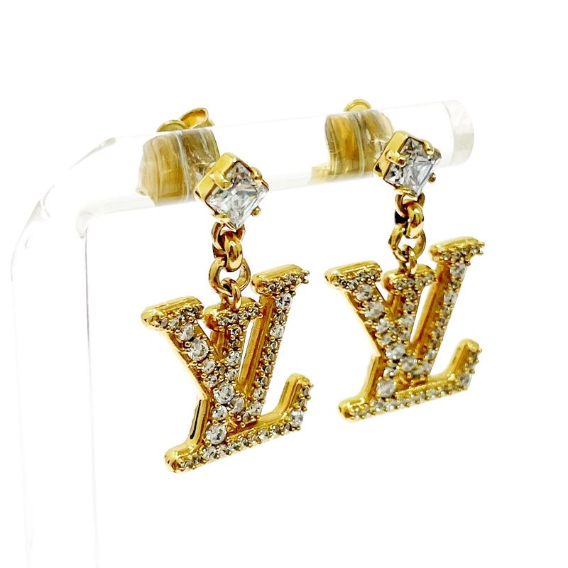 Louis Vuitton Rhinestone LV Logo Earrings Gold