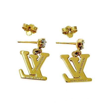 Louis Vuitton Rhinestone LV Logo Earrings Gold