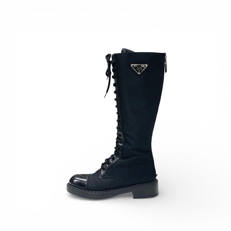 Prada Boots Long Boots Shoes Nylon Brushed Leather Black Re-Nylon Triangle Logo