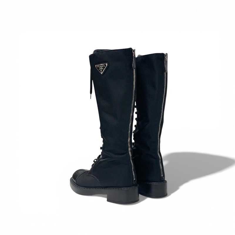 Prada Boots Long Boots Shoes Nylon Brushed Leather Black Re-Nylon Triangle Logo