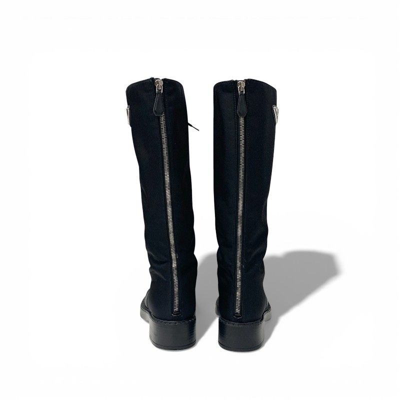 Prada Boots Long Boots Shoes Nylon Brushed Leather Black Re-Nylon Triangle Logo